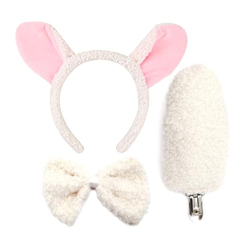 Yxtwaeh 3 Pieces Lamb Sheep Costume Accessories Lamb Ear Headband Bowtie Tail for Halloween Christmas Carnival Cosplay Party Supplies White