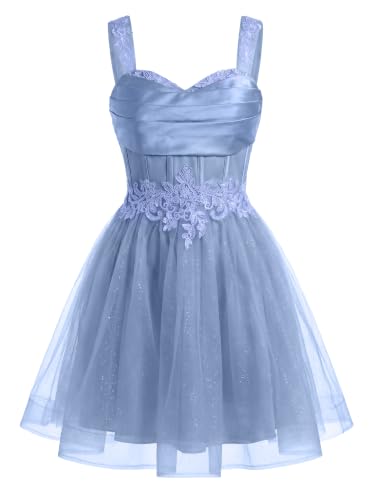 Tulle Homecoming Dresses Short for Teens Sparkly Lace 3D Floral DAMA Dress for Quinceanera Beaded Off Shoulder Prom Dress Dusty Blue