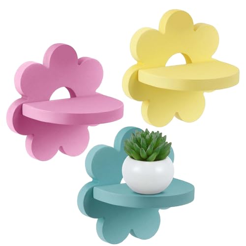 Image of Suzile 3 Pcs Daisy Flower Plant Wall Shelf Kawaii Small Floating Shelves Cute Shelf Decor Boho Hanging Shelf for Bedroom Bathroom Living Room Nursery, Yellow Pink Green