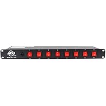 American DJ 8 channel AC power strip with 15 amp breaker and 8 on/off toggle switches. 19 inch rack mountable