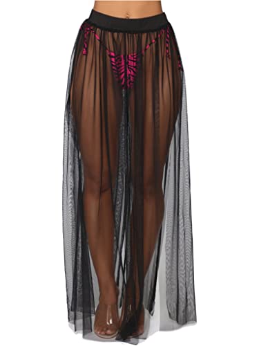 TTAO Damen Transparent Mesh Rock mit Schlitz Elastischer Bund Sommerrock Lang Tunika Bikini Cover Ups Bademode Abdeckung Tuch Schwarz M Cover