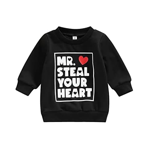 Xeadoffubio Toddler Baby Valentines Day Sweatshirt, Newborn Baby Unisex Oversized Outfit Newborn Toddler Baby Boy Clothes Long Sleeve Round Neck Heart Letter Print Tops (Black , 18-24 Months ) Cover