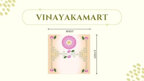 Image of Background Screen for Pooja Decoration | Traditional Peach Theme with a Pink Swastik, Blooming Lotus Corners, and Green Line Art Backdrop Cloth 8x8 feet | Lakshmi Pooja Background