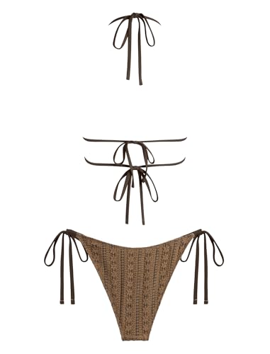 Image of ZAFUL Halter Swimsuits for Women Textured Backless 2 Piece Bathing Suits Cheeky High Cut String Tie Side Bikini Sets