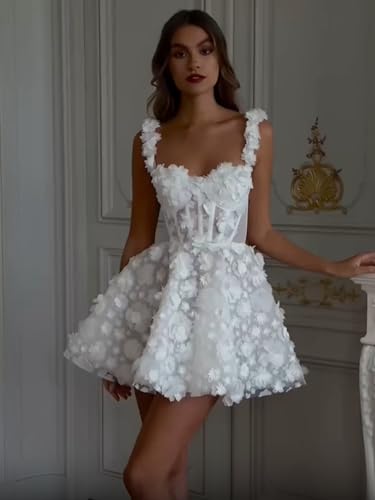 Image of Simple Tulle Short Wedding Dresses for Bride Elegant Spaghetti Straps Tea Length Bridal Shower Dress for Women