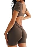 QOQ Womens Workout Jumpsuits Shorts Sleeve Square Neck Backless One Piece Bodycon Scrunch Butt Yoga Rompers Coffee L