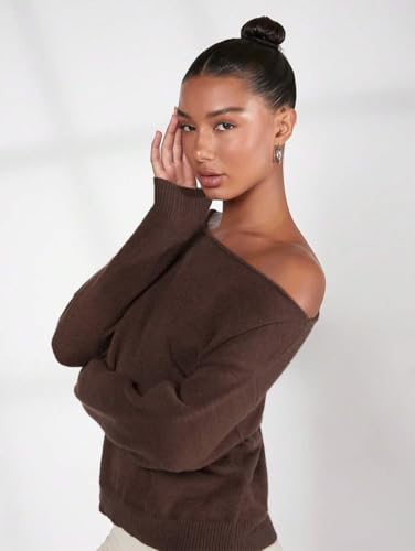 Image of SKAYS Off The Shoulder Sweater Women, Shoulder Slouchy Knit Pullover, Solid Asymmetrical Neck Drop Shoulder Sweater