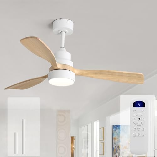 Image of Sofucor 48 Inch Wood Ceiling Fans with Lights, Flush /Downrod Mount, Remote | Quiet Reversible DC Motor, 3CCT Dimmable, 6 Speeds, Timer, Indoor /Outdoor /Bedroom /Living Room /Patio /Kitchen, Natural Wood