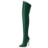 MOVINSTEPS Dark Green Matte Over The Knee Thigh High Heel Boots For Women Zipper Pointed Toe Stiletto Tall Boots Sexy Fashion Party Club Fall Winter Shoes Size 10