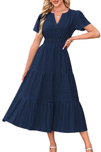 KOOSUFA Sommerkleid Damen Casual Baumwolle Kleid Puffärmel V-Ausschnitt Freizeitkleid Sommer A Linie Ruffle Kleider mit Taschen Kurzarm Elastiche...