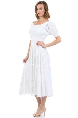 Image of Sakkas Cotton Crepe Smocked Peasant Gypsy Boho Renaissance Mid Length Dress