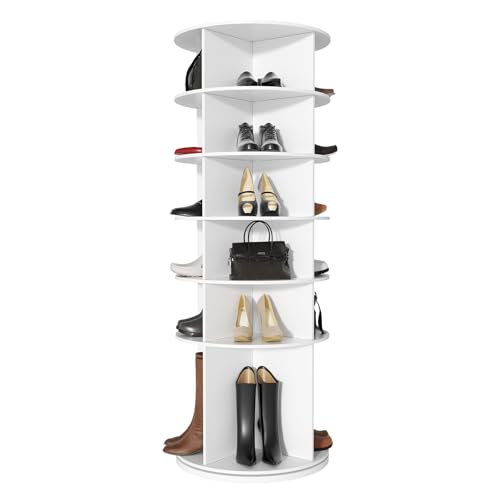 Zapatero giratorio 360°, estante de esquina, 7 capas de gran capacidad, color blanco, estantería con 4 compartimentos, capacidad para 28 pares de zapatos, zapatos, bolsos, libros y utensilios de