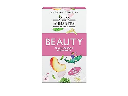 Ahmad Tea Herbal Tea, Peach, Carob, and Rose Petals 'Beauty' Natural Benefits Teabags, 20 ct (Pack of 1) - Decaffeinated & Sugar-Free