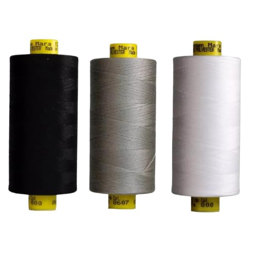 Gutermann Mara 120 Sewing Thread – 3 x 1000m Spools – Black, White & Grey or Extra Black (Various Shades) – Strong Polyester Thread for Sewing Machines & Hand Stitching (Black,White,8607)