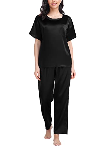 Swomog Silk Pajama Set For Women Two Piece Satin Short Sleeve And Long Pant Pajama Set Summer Sleepwear Silk Pj Sets Black S #TOP2