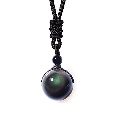 Natural Black Obsidian Pendant 16mm Rainbow Eyes Beads Lucky Blessing Necklace