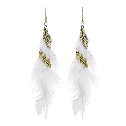fdsmall Boucles d'oreilles Bohémiennes en Plumes Fausses, Dangler, Bijoux de Plumes, Blanc