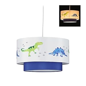 relaxdays Lampadario Dino, Rotonda, Paralume con Disegni di Dinosauri, Cameretta, Bambini, HxD: 126×30 cm, bianco/blu, 1 Pz