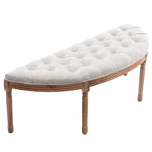 chairus 55 Button Tufted Semi-Circle Dining Bench Linen Halfmoon Entryway Bench Comfy Upholstered Bench Seat for Bay Window/Bedroom End of Bed/Living Room/Indoor Beige