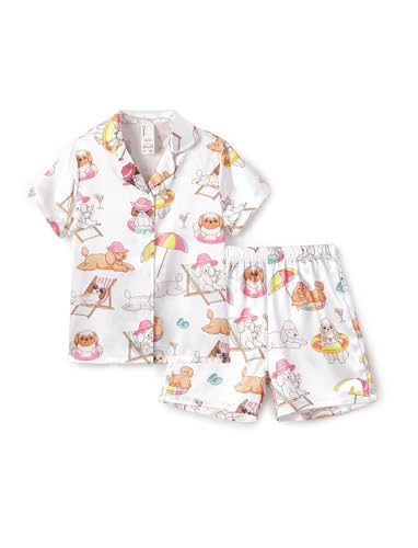 PATPAT Girl Satin Pajamas Set Silky Button Down Sleepwear Soft 2 Piece Girls Summer Loungewear Cute Puppy 11-12 Years