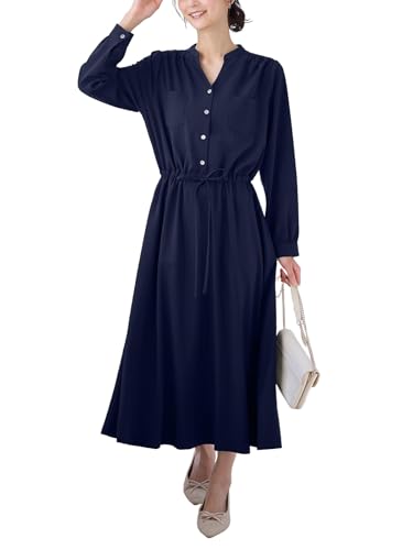 [ANGELIEBE エンジェリーベ] マタニティ 授乳服 ワンピース 出産後も長く使える ギャザーシャツ ワンピ 産前 産後 妊婦服 長袖 M-L ダークネイビー