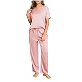 Silk Satin Pajama Set for Women Spring Fashion Two Piece Soft Pajamas Sets Fashion Casual Cute Short Sleeve Pjs Sets Pink