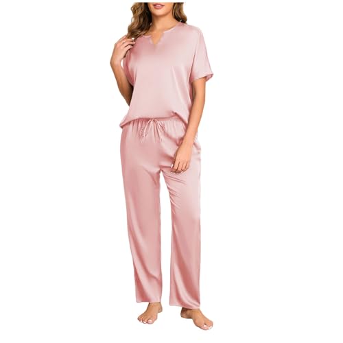 Silk Satin Pajama Set for Women Spring Fashion Two Piece Soft Pajamas Sets Fashion Casual Cute Short Sleeve Pjs Sets Pink
