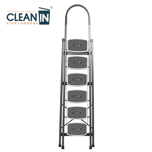 Image of CLEAN IN 6 Step Premium Foldable Household Steel Ladder ~ for Home, Garage, Kitchen. Wide & Anti-Skid Steps, 150 kg Load Capacity, Reinforced Hinges ~ (Shades of Grey)