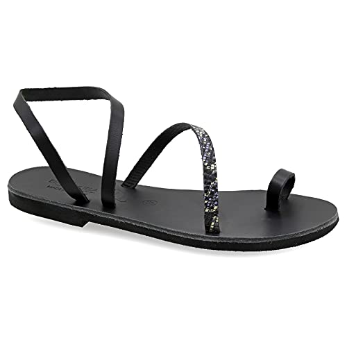 Image of Emmanuela Greek Leather Toe ring Sandals, Quality Handmade Slingback Summer Shoes, Ankle Cuff Strappy Sandals, Boho Chic Flat Sandals, Silver Rose Gold Snake animal print