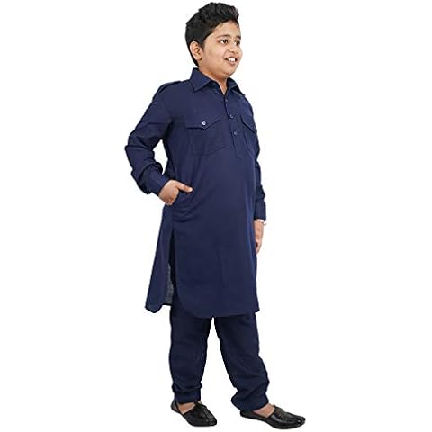 Crocon Kid Boy Cotton Blend Pathani Kurta with Salwar for Boys Indian Wear Bollywood Style Kurta Pyjama (Navy Blue, 11 to 12 Years) Cover