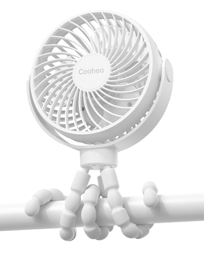 Image of Coohea Stroller Fan Clip on for Baby, 4000mAh Rechargeable Battery Operated, Flexible Tripod, 3 Wind Speed, 360° Rotatable, Small Portable Fan for Car Seat Crib Golf Cart Bike Beach Travel, White