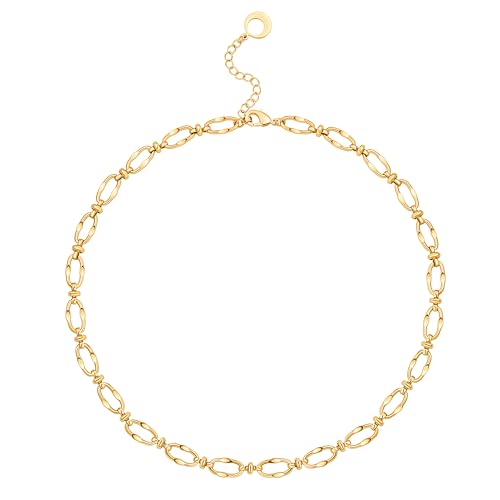 Aobei Pearl 18K Gold Lip Chain Necklace for Women Chunky Lace Chain Choker Simple Oval Link Round Circle Charm Layering Jewelry Handmade for Gifts 16”
