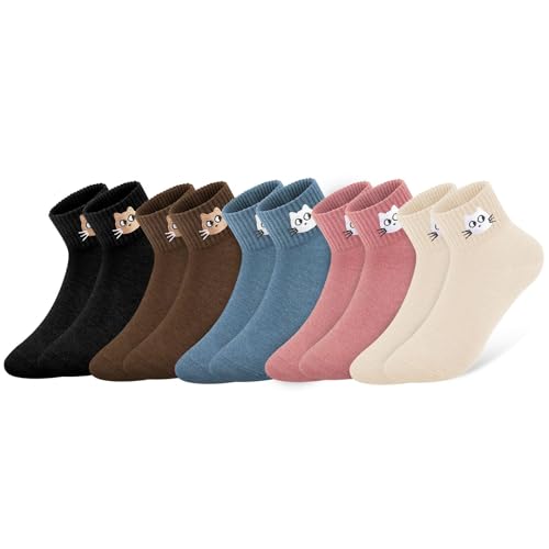COZYOFFI Cat Socks Ankle Women: Cute Animal Pattern Cotton for Gifts Hiking Girls Teen 5 Pairs