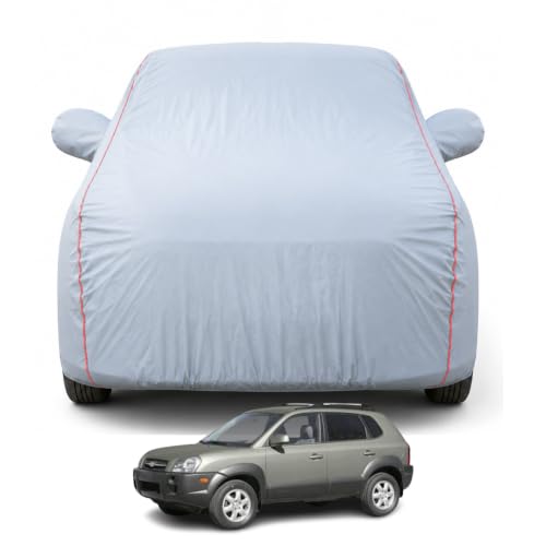 Image of Premium Car Cover for Hyundai's Tucson 2005-2015 Models | Waterproof, UV & Dust Protection | Mirror & Antenna Pocket | Triple Stitched, Soft Inner Lining, Belt & Buckle (Dark Grey)