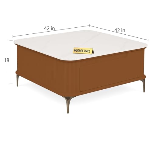 Image of WOODEN SPACE Premium Solo Marble-Top Wooden Center Table for Living Room | Iron Legs | PVD Coating | Modern Entryway Furniture | Coffee Table (Orange, 42x42x18 Inch)