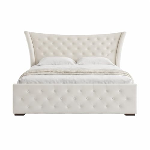 Image of Pearl Upholstered King Size Bed with Box Storage for Bedroom | Elegant Wooden Double Bed with Storage | Platform Cot Palang with Tufted Headboard | 6.5 x 6 Ft | Sheesham Wood | White