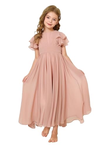 JISISANG Flower Girl Maxi Dress for Wedding Bridesmaids Flowy Chiffon Teens Ruffle Sleeve Formal Party Pageant Gown