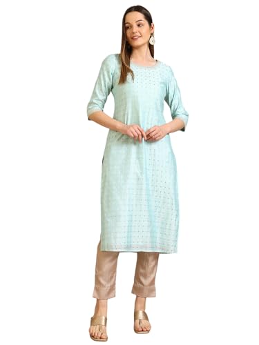 Image of Aurelia Women's Round Neck Embroidered Straight Chanderi Butti Kurta