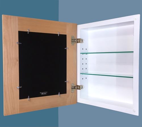 Image of 13x16 Concealed Picture Frame Medicine Cabinet without Mirror for Bathroom, Recessed in the Wall, Made in North America, Real Wood, NO MDF, Adjustable Shelves, Unfinished Shaker