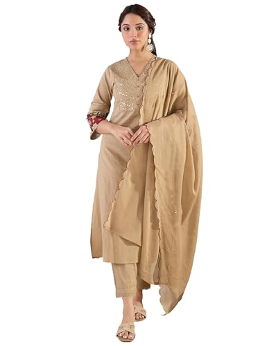 Image of INDO ERA Women's Straight Pure Cotton Floral Embroidered Kurta & Pant with Dupatta Set (IESTR10171)