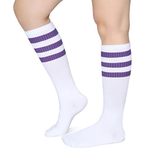 Pareberry Classical Triple Stripes Soft Cotton Over-the-Calf Retro Tube Socks One Size A-pair(purple/White)