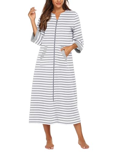 Image of Ekouaer Women Zipper Robe 3 /4 Sleeves Loungewear Dress Full Length Sleepwear Pockets Housecoat Nightgown Long Bathrobe