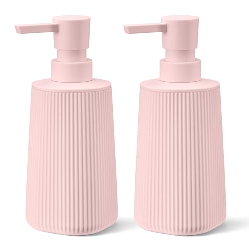 Image of Pink 2 Pack Hand Soap Dispensers Set with No Rust Pump for Bathroom Kitchen or Vanity Countertops Refillable Striped Matte Plastic 8.5 oz Cute Design for Girls Room Decor