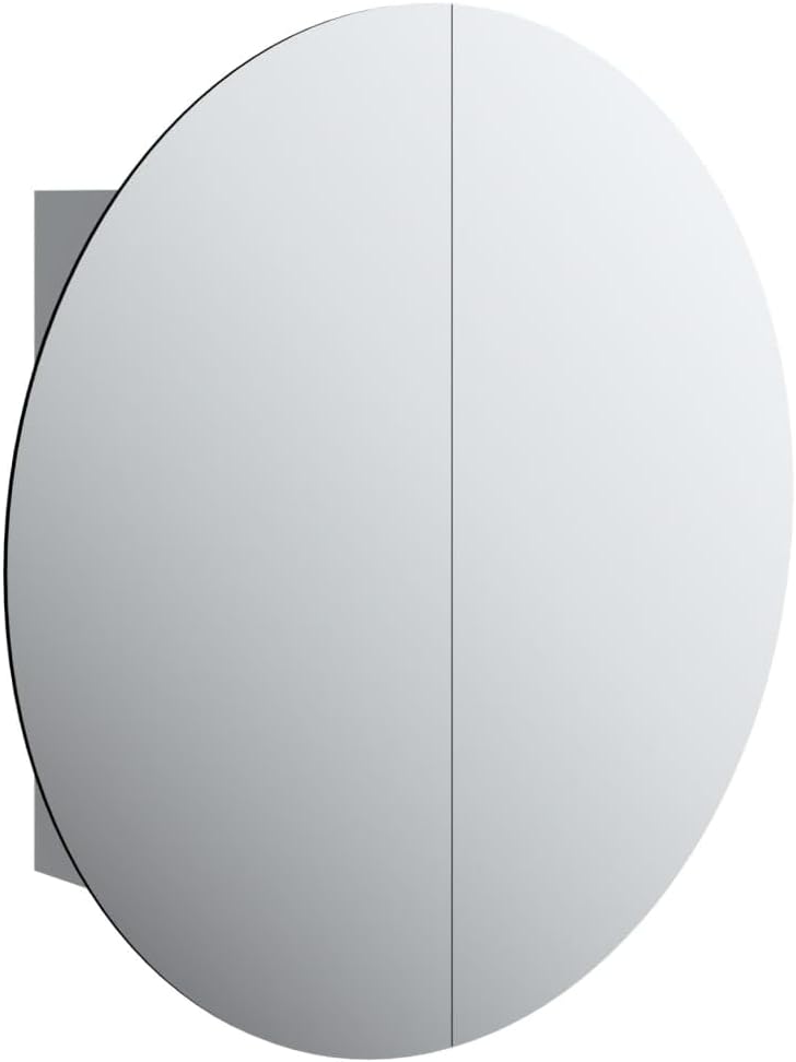 Wall-Mounted Bathroom Cabinet with Round Mirror and Built-in LED Lights, Grey Engineered Wood, Glass, and PVC Storage Cabinet with Two Adjustable Shelves and Copper Finish,