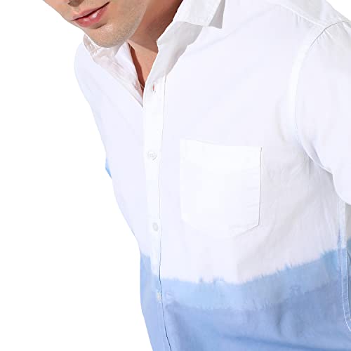 Image of CAHOOT Men's White Colourblocked Button Up Collared Shirt for Casual Wear | Shirt Crafted with Regular Sleeve, Comfort Fit & High-Performance for Everyday Wear