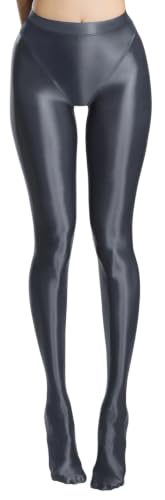 Image of FEOYA Women's Open Crotch Oil Shiny Pantyhose High Waist Control Top Silky Oily Crotchless Footed Tights Stockings