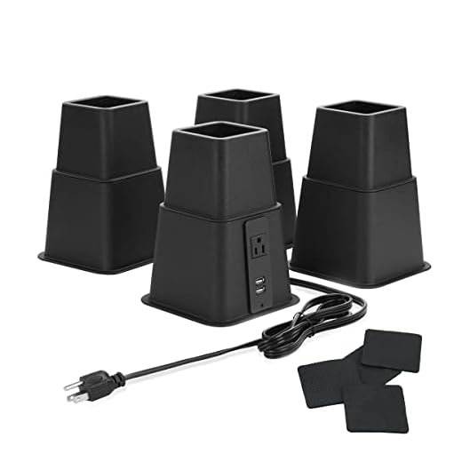 Tuffen Heavy Duty Bed Risers with Power Outlet and USB, Adjustable 3, 5 or 8 Inch Bed Frame Lifts Raisers for Furniture, Bed, Sofa, College Dorm Twin, Supports up to 1500 lbs (Set of 4)