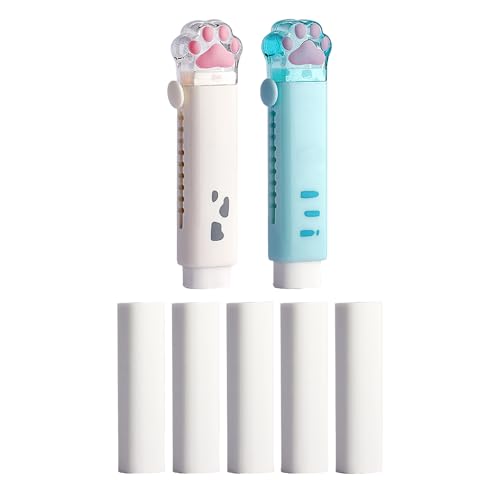 GZBABY Borradores retráctiles en forma de pata de gato, paquete de 2, borradores de empuje y tracción con 5 recambios de goma, compactos y portátiles (blanco, azul)