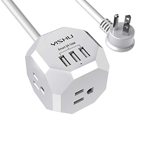 Cube USB Power Strip, YISHU 6 Ft Flat Plug Extension Cord?10A/1250W with 3 Outlets and 3 USB Ports for Travel, Cruise Ship, Home, Office, ETL Listed, White