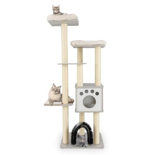 GOPLUS Árbol para Gatos de Madera de 176 cm con Arco para Eliminar el Pelo Desprendido, Torre para Gatos de Felpa de 6 Capas con Condominio de 2 Puertas, Centro de Actividades para Gatos (Gris)